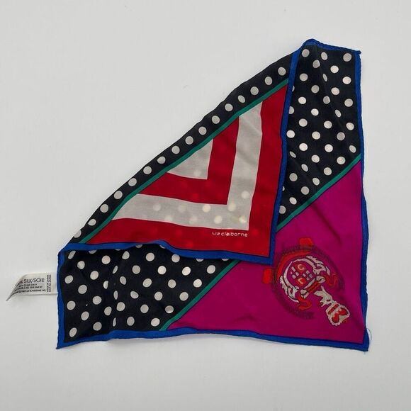 Vintage LIZ CLAIBORNE Silk Scarf Red Pink Blue Polka Dot Stripes Crest Square - Picture 9 of 11
